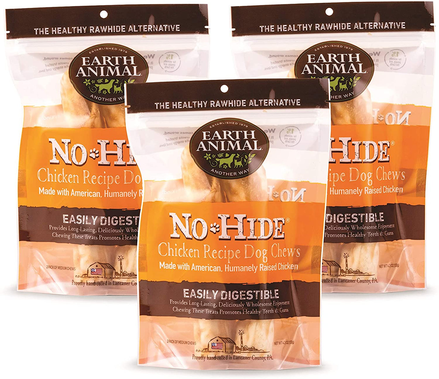 Earth Animal Medium No-Hide Dog Chews, 7 inch Bones - Made in The USA, Natural Rawhide Alternative Treats (Chicken, Medium - 6 Chews) - 3 Pack
