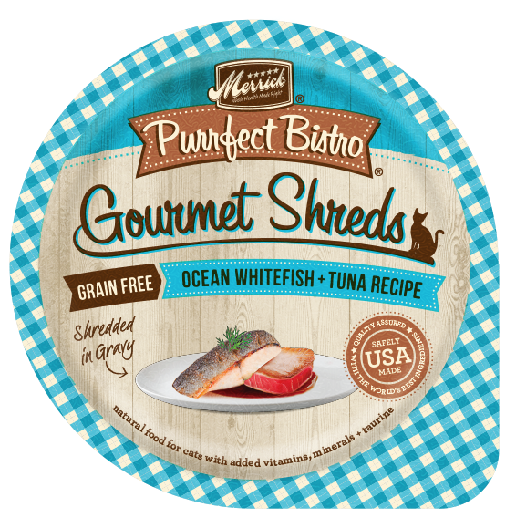 Merrick Purrfect Bistro Gourmet Shreds Grain Free Real Ocean Whitefish and Tuna Recipe Cat Food Tray