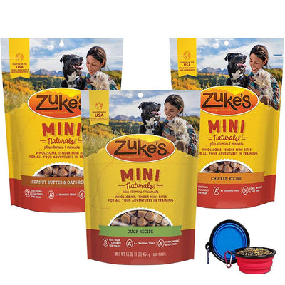 <b>Zuke's</b> Mini Natural Soft Treats - Variety 3 Pack for Dogs - 18 Total Oz (Duck,Peanut Butter & Chicken) W/Bonus Yow Pets Bowl