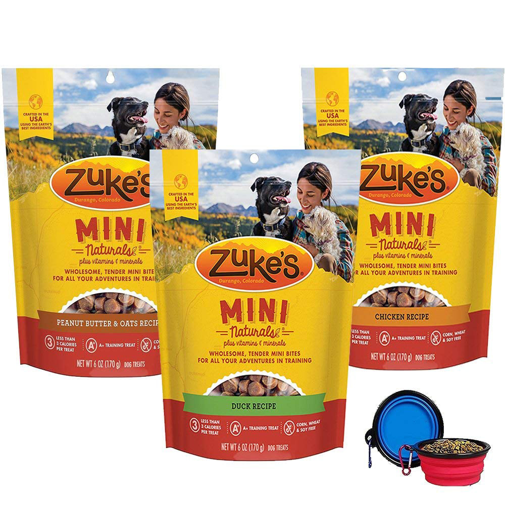 <b>Zuke's</b> Mini Natural Soft Treats  Variety 3 Pack for Dogs  48 Total Oz (Chicken, Duck & Peanut Butter) W/Bonus Yow Pets Bowl